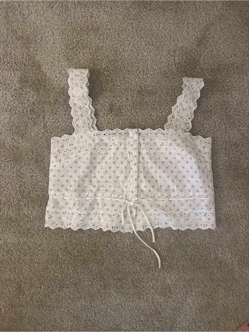 Sezane Nouri White Eyelet Crop Tank with Pink Floral Print